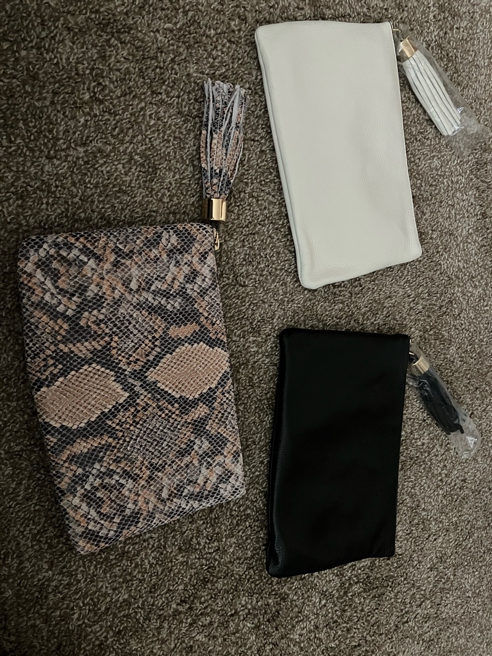 3 G.I.L.I.  Leather Clutch Bags with Tassels, White, Black, & Snake multi
